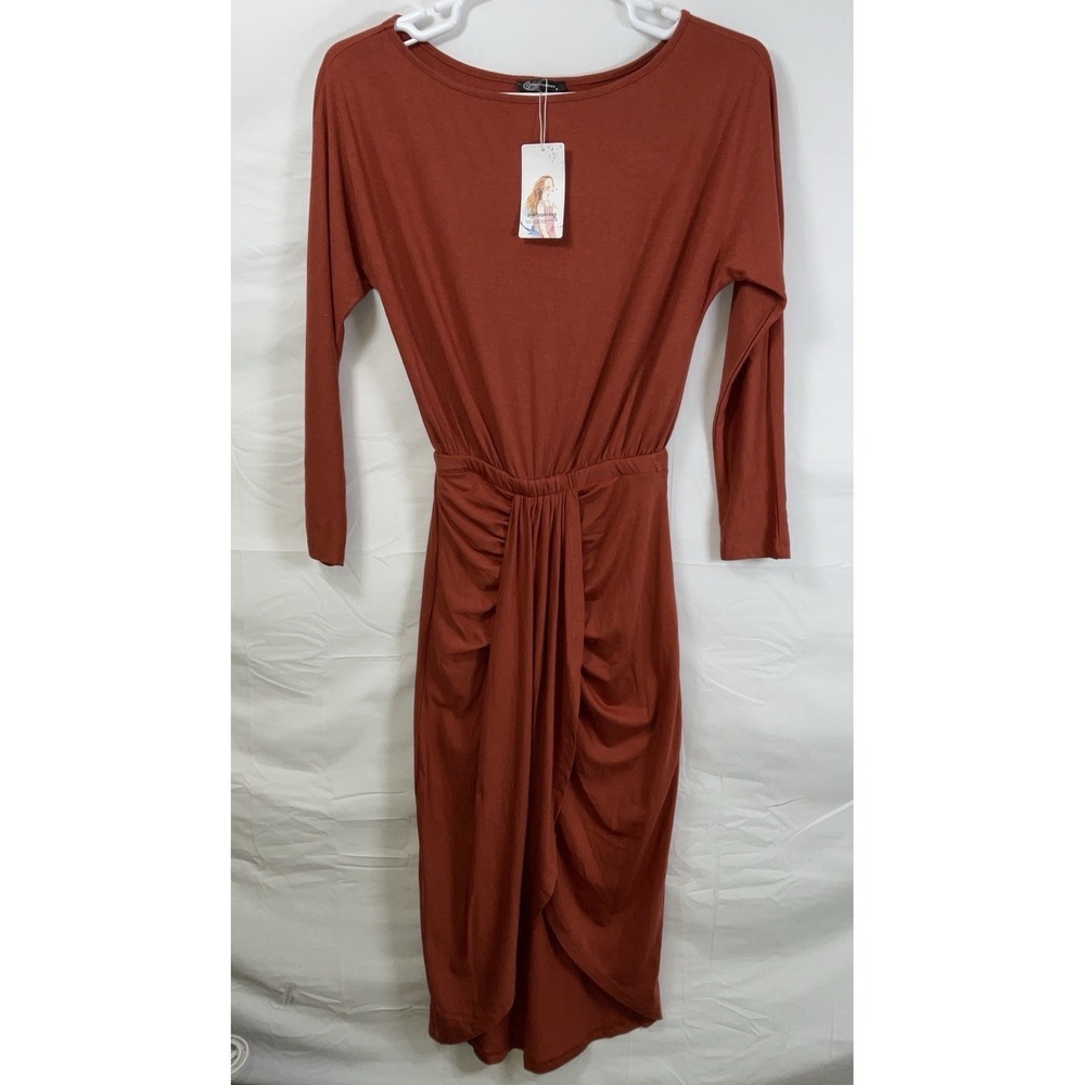 NWT Women's Pretty Garden Ruched Midi‎ Dress Long Sleeve Dress Copper - Small - Picture 2 of 6
